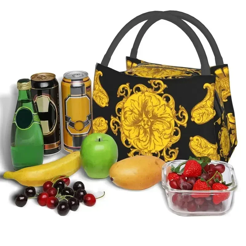 Fiambrera con aislamiento barroca dorada para mujer, bolsas de almuerzo con patrón sin costuras, enfriador impermeable, térmico, Bento Box, Picnic de trabajo