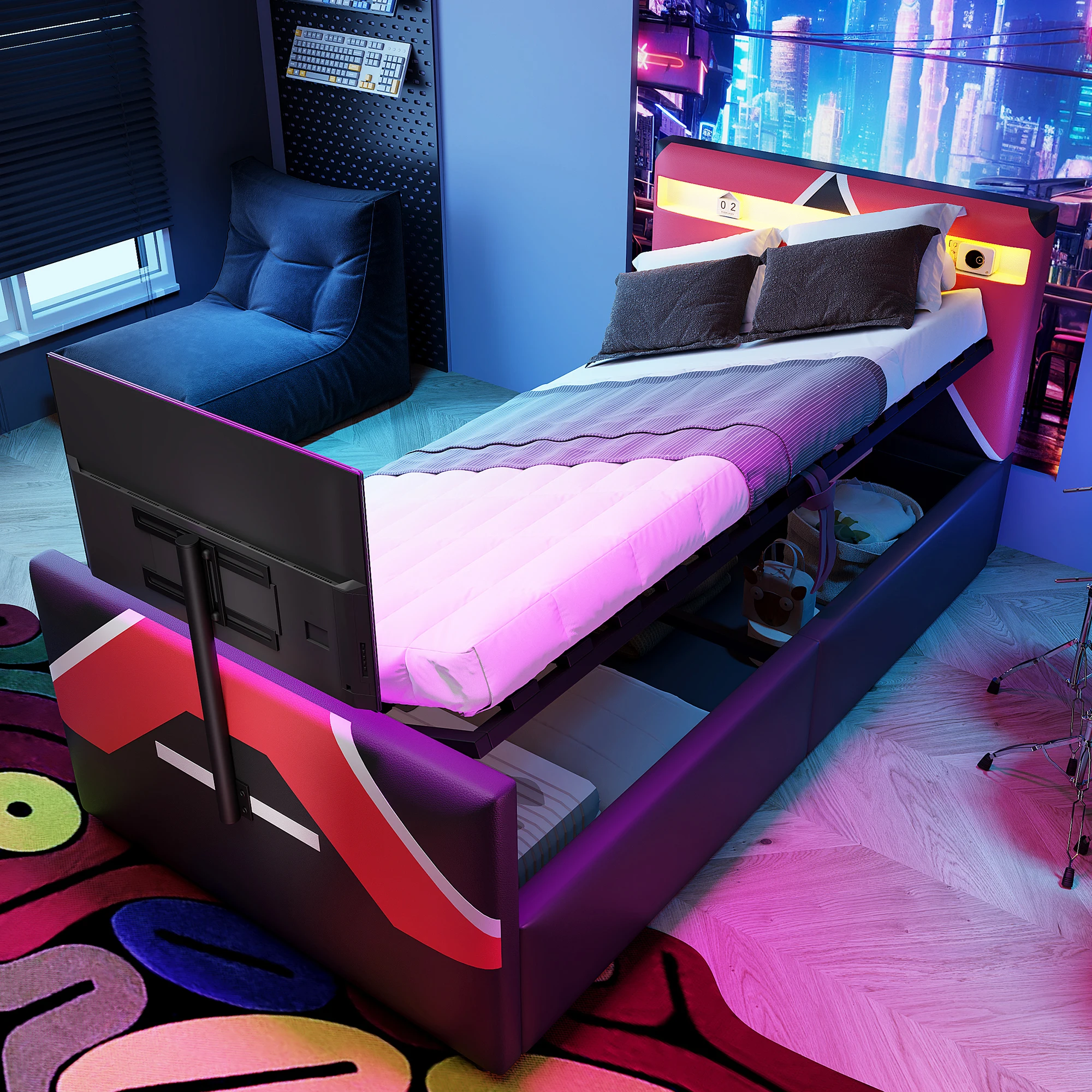 Boxspringbed 90x200 cm - gestoffeerd met geïntegreerde tv-houder en led-verlichting, zonder matras - zwart rode PU bekleding