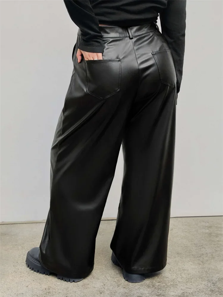 Plus Size Women High Waist PU Trousers 8XL Vintage Burgundy Wide Leg Pants 9XL Casual Faux Leather Straight Pants 6XL Custom 7XL