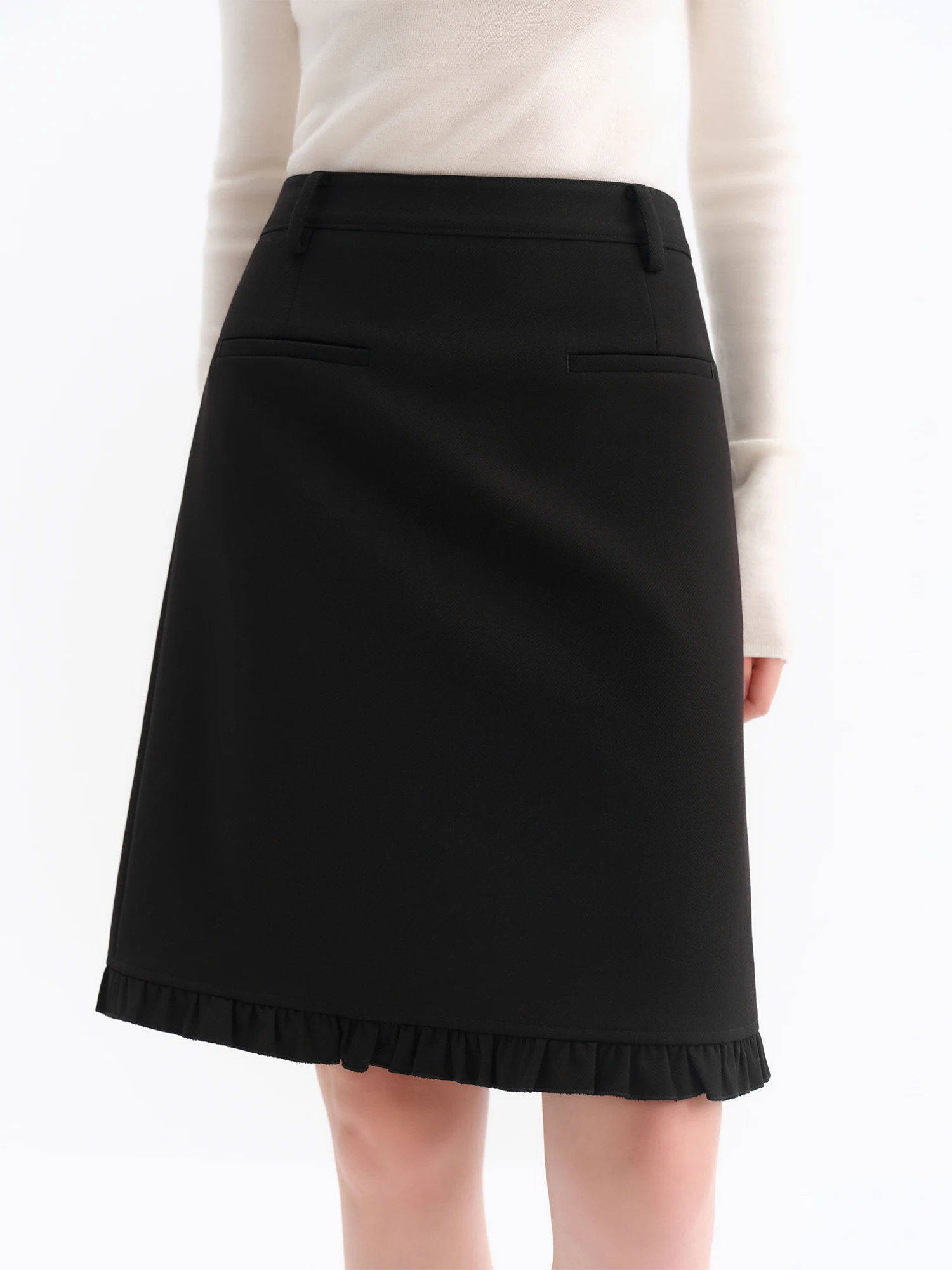 FSLE Elegant Design Ruffled Hem Flattering A-Line Half Skirt Winter Autumn 2025 New Arrival Skirt Black Knee High Office Skirts