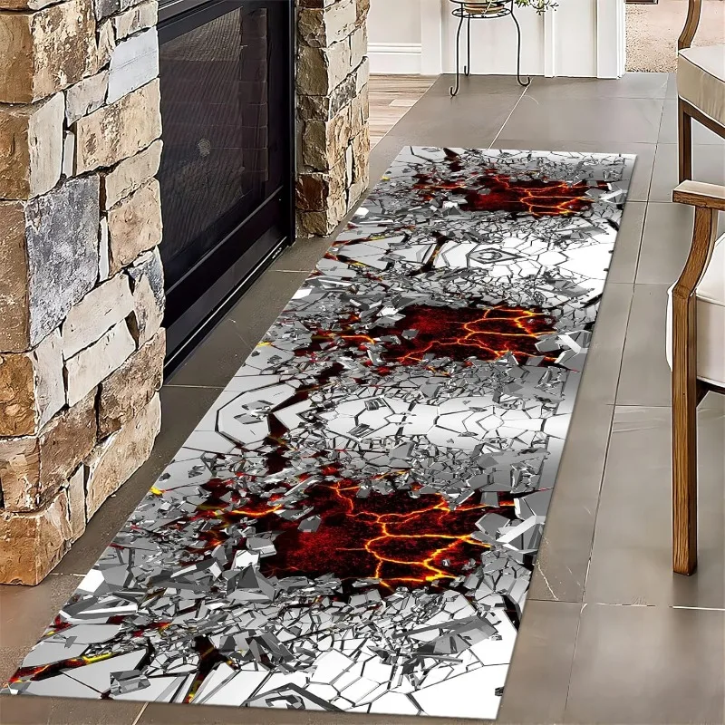 3D Optical Illusion Broken Mirror Cracked Lava Floor Print Runner Rug Rutschfeste Volcano Home Decor Matte für Wohnzimmer Schlafzimmer
