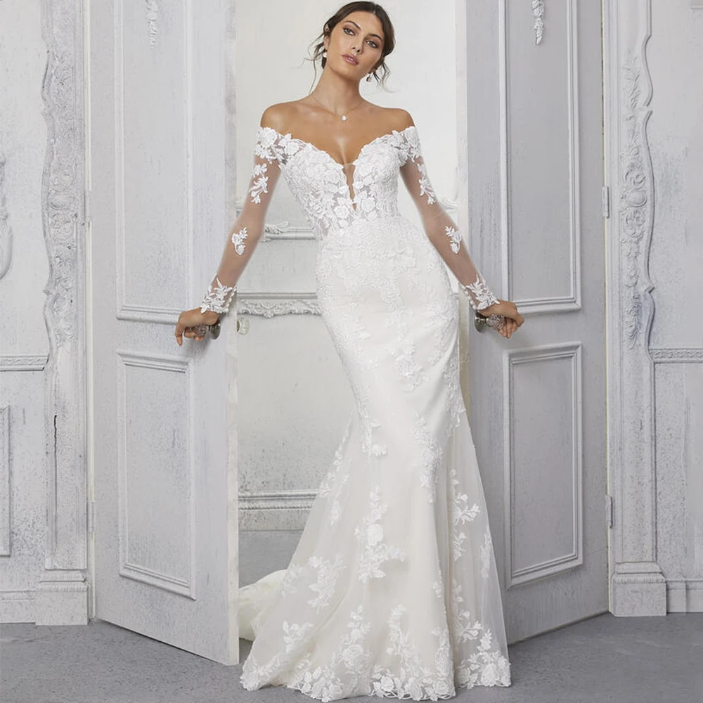 Splendido abito da sposa a sirena con spalle scoperte Tulle Illusion manica lunga Applique lunghezza del pavimento abito da sposa elegante Sweep Train