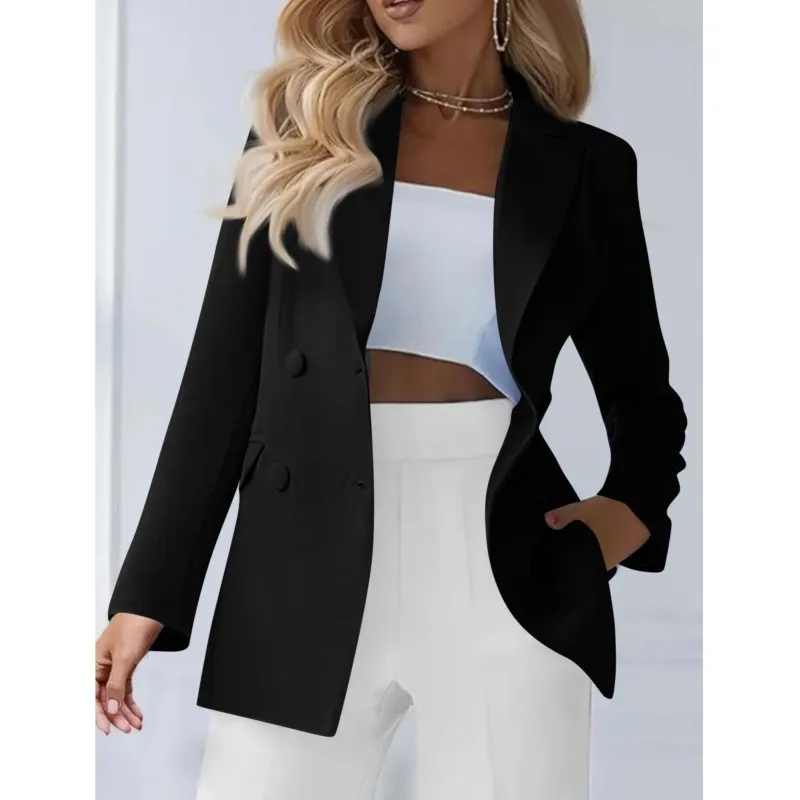 موضة جديدة لربيع وخريف 2025 بدلة ترفيهية بأكمام طويلة مزدوجة الصدر وطية صدر صلبة ملابس نسائية احترافية للتنقل