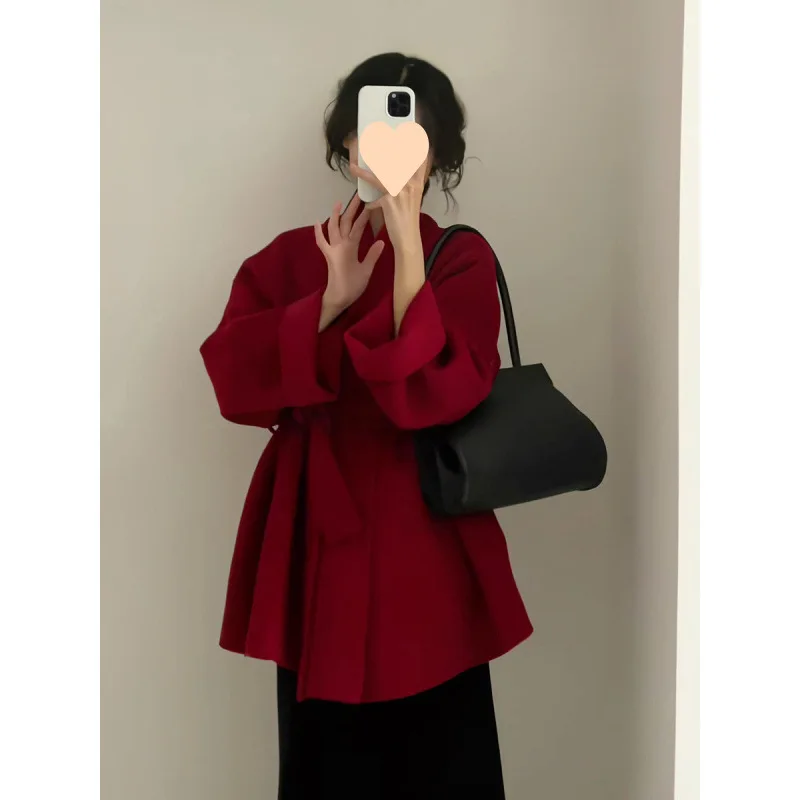

Red Double-Sided Woolen Coat Women's Autumn Winter New Style Hepburn Short Cloak Belted Thickened Wool