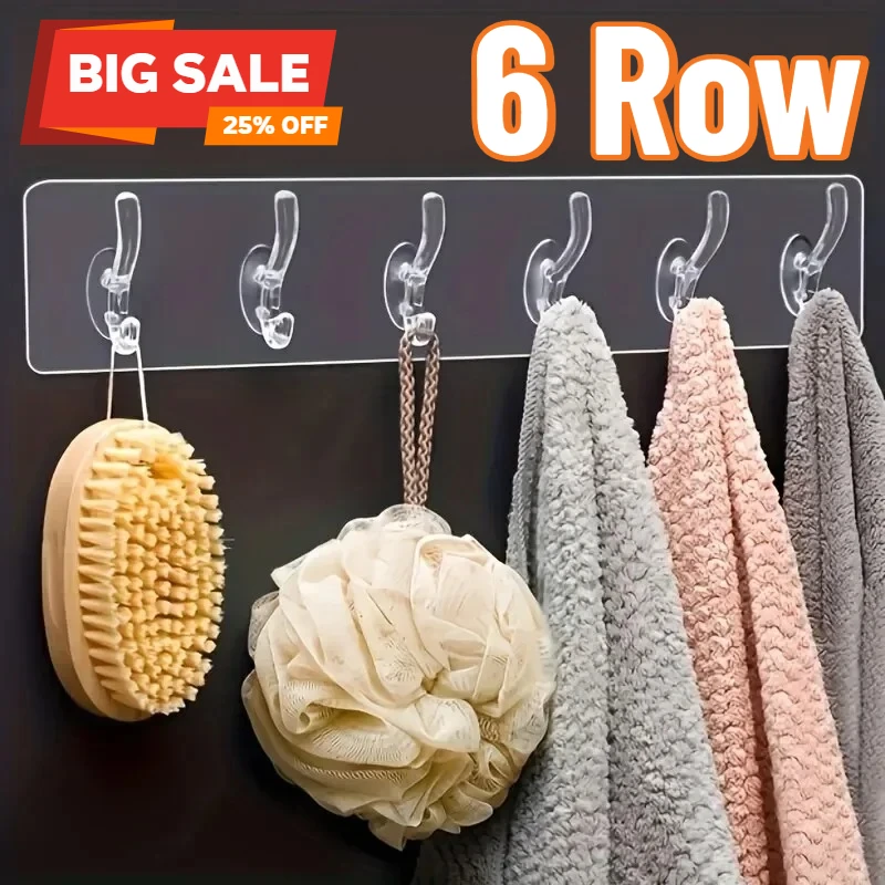 Transparent 6 Row Hooks No Trace Strong Hooks Sticky Rear Row Hooks for Hanging Towels Clothes and Coats Bathroom Accessories