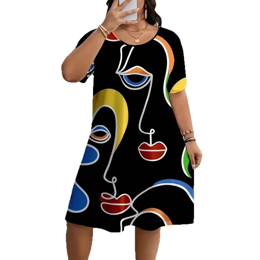 

Новое весенне-летнее свободное повседневное черное женское платье А-силуэта больших размеров с коротким рукавом и ярким принтом