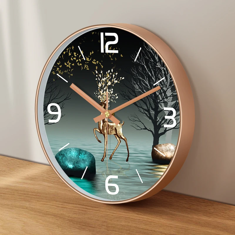

Luxury Golden Deer Wall Clock Silent Quartz Clock ABS Rose Golden Frame Elegant Nature Decor for Living Room Bedroom Corridor