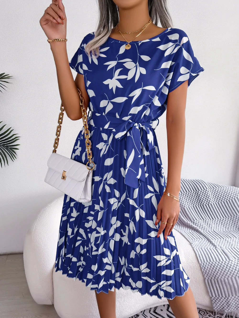 Casual O-neck Short Sleeve Dress Office Lady Spring Summer Fashion Elegant Floral Print Lace Up Pleated Dresses For Women 2023