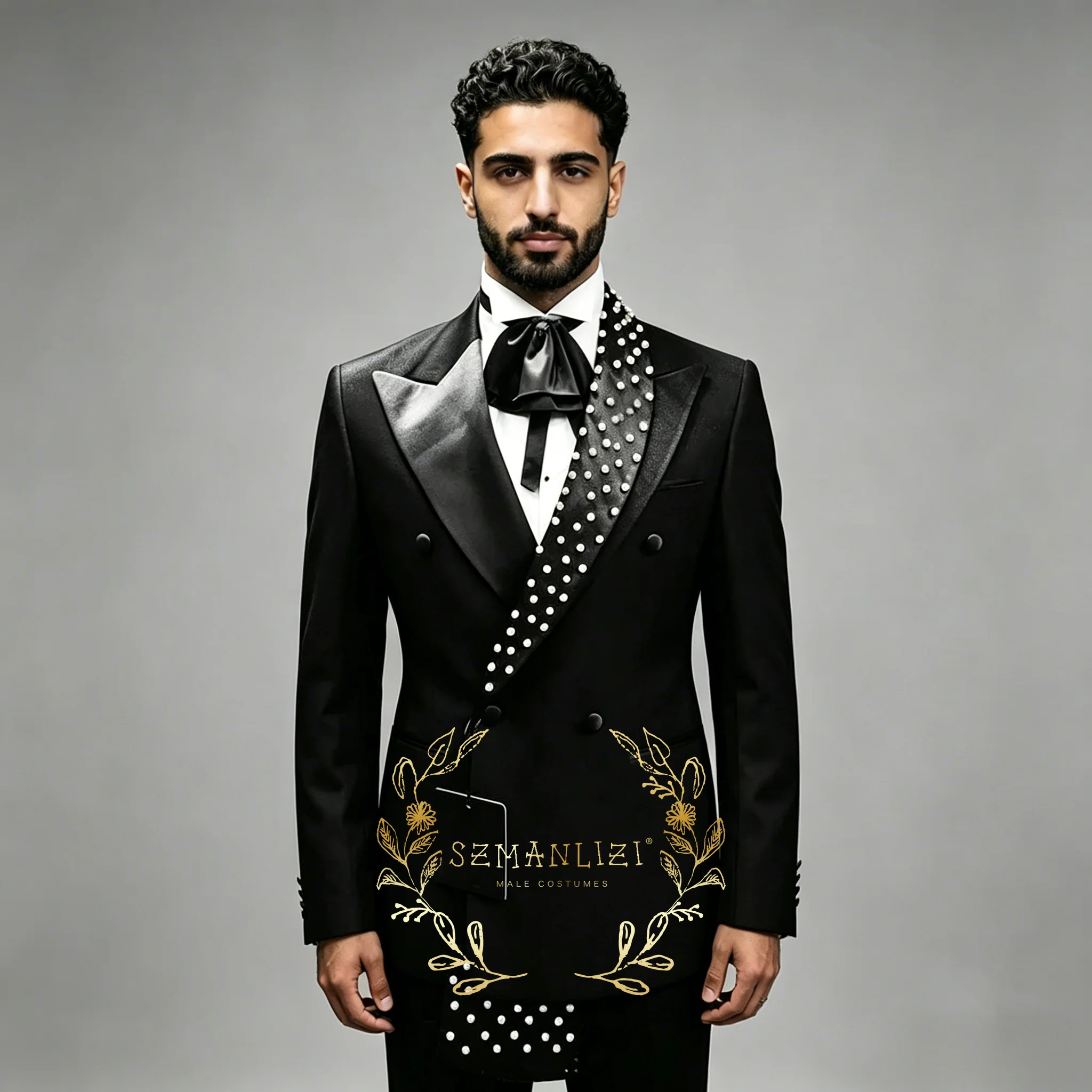 

Elegant Beads Suit Men For Wedding Double Breasted Jacket Pants 2 Piece Sets Groom Formal Wear Tuxedo Attire Custom Made Outfit