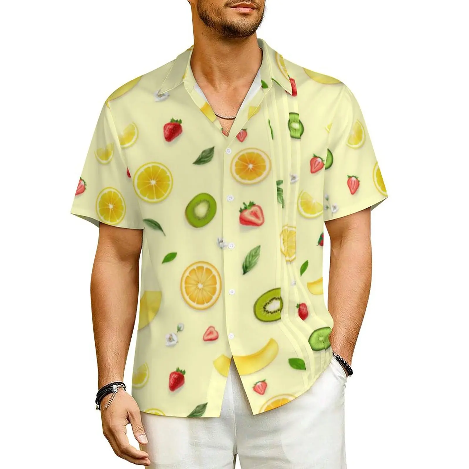 Lemon Print Hawaiian Shirt For Man Beach Mixed Fruits Casual Shirts Short Sleeves Streetwear Design Novelty Oversize Blouses