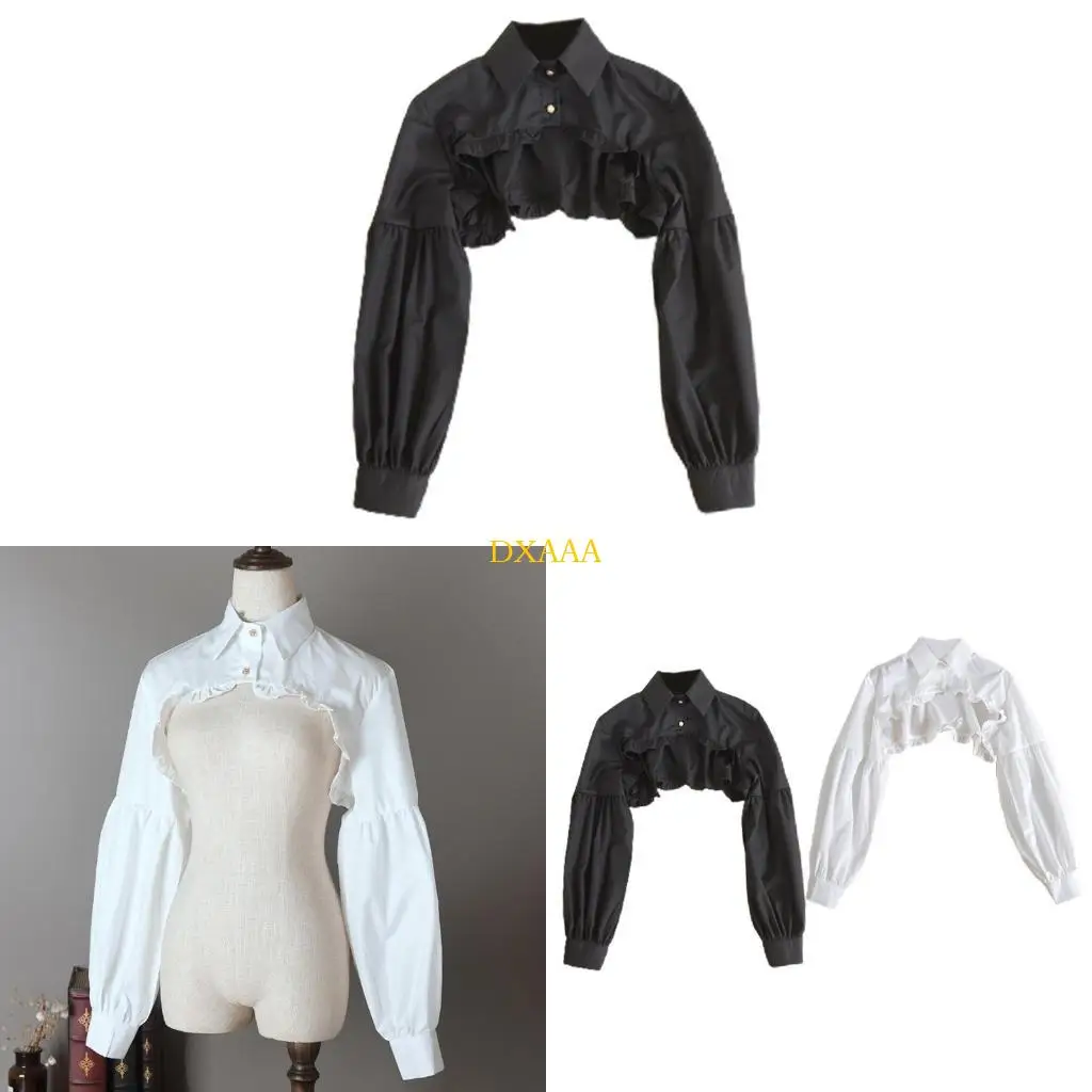 dxaa-detachable-dickey-fake-false-collar-lapel-blouse-ruffle-hem-half-shirt-long-sleeve-cropped-crop-tops-for-women-girls