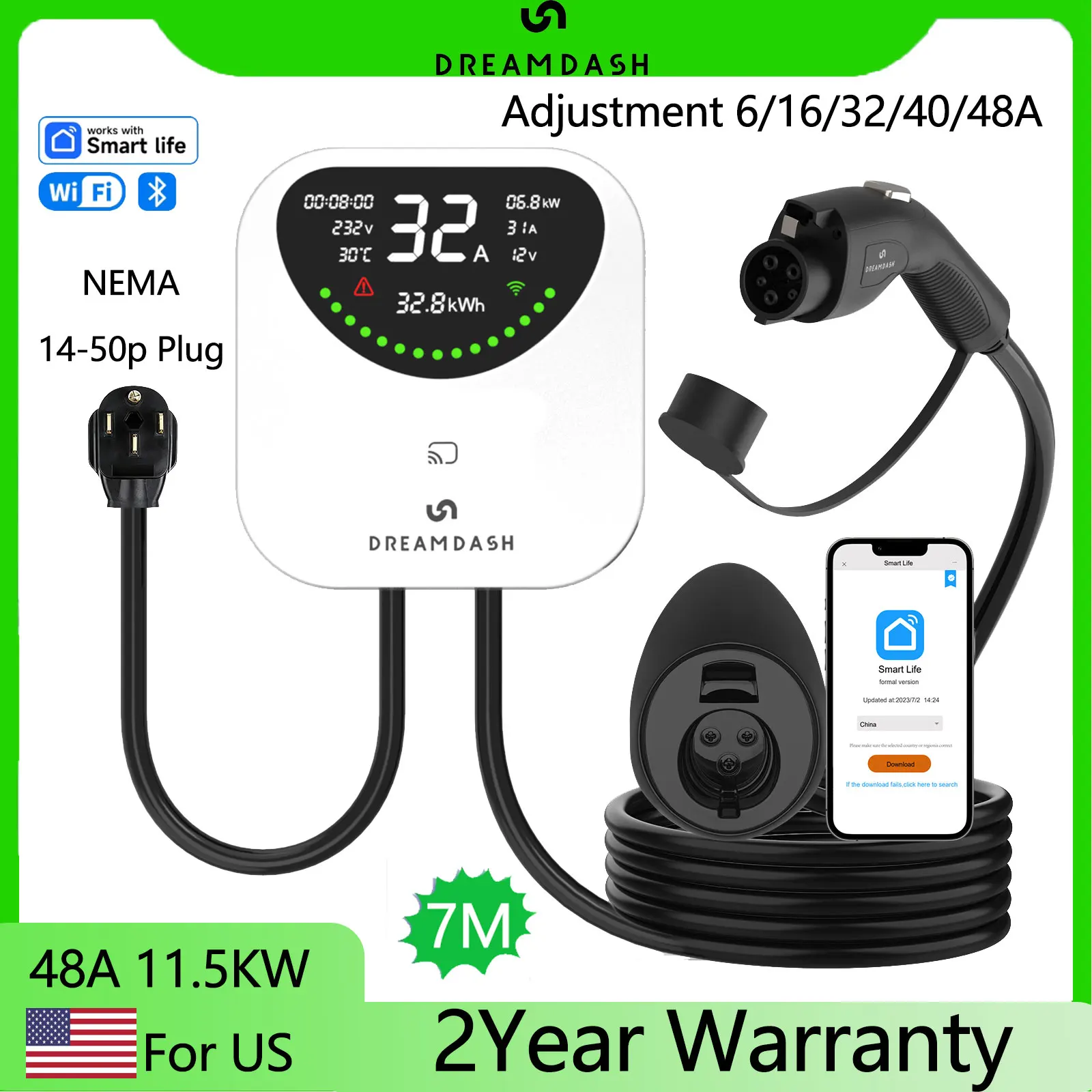 

Dreamdash 48A Level 2 EV Charger 11.5kW WiFi Smart Electric Vehicle Charging Station Indoor Outdoor J1772 25ft Adjustment 6-48A