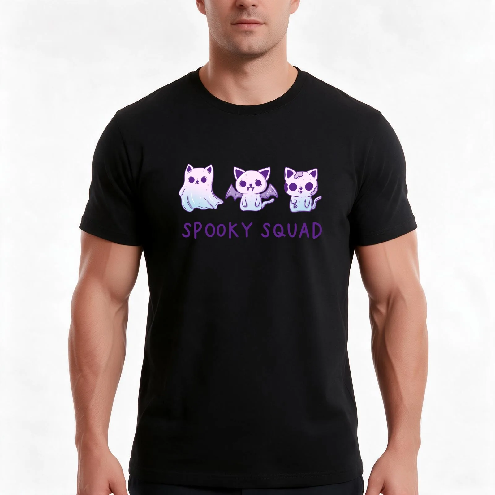 Spooky Squad: Feline Frights T-Shirt Summer Casual Cotton Tee Oversized Streetwear Tops Vintage Graphic Print 100% Cotton