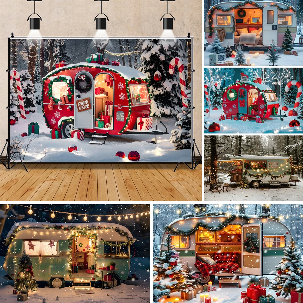 

Winter Christmas Truck Photography Background Outdoor Snow Forest Xmas Tree Candy Cane Gift Party Backdrop Photo Booth Props