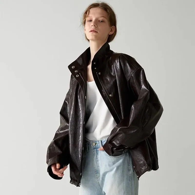 TheR0w 24ss Women\'s Autumn Winter Stand-Up Collar Contour Leather Jacket Vintage Biker Jacket High Street Clothing