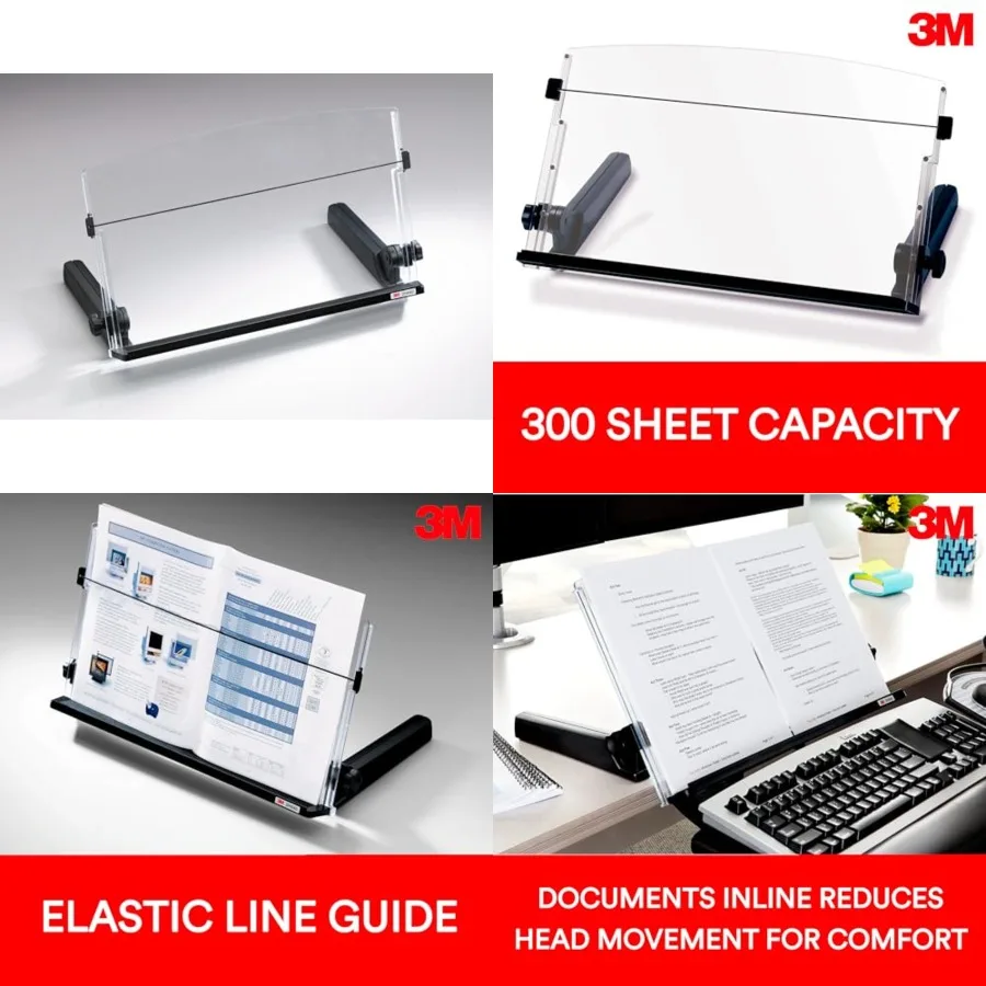 

Adjustable Document Copy Holder, In-line with Monitor Minimizing Head and Neck Movement, 300 Sheet Capacity Holds Sheets to Boo