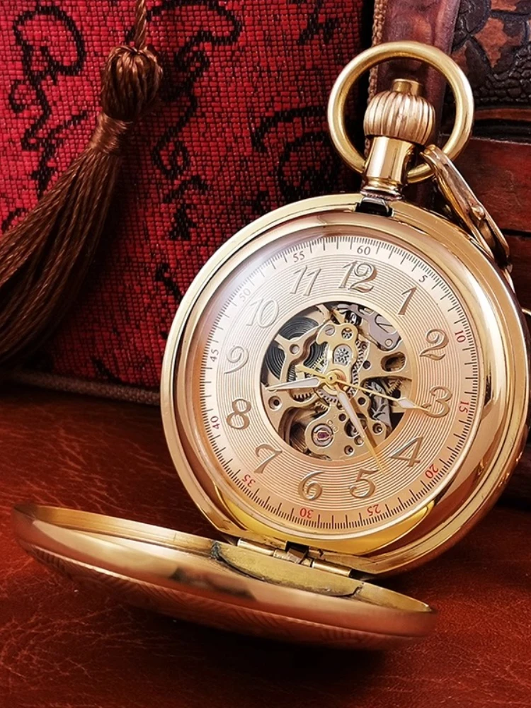 ساعة جيب ميكانيكية أوتوماتيكية بالكامل من النحاس النقي للرجال والنساء، ساعة قلادة بحنين قابلة للطي