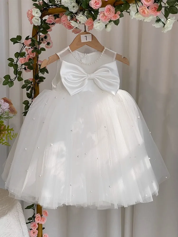

New birthday Party Dresses for Girls wedding White sleeveless Butterfly pearls Flower Girl Tutu Child baby Sequined Tulle Dress