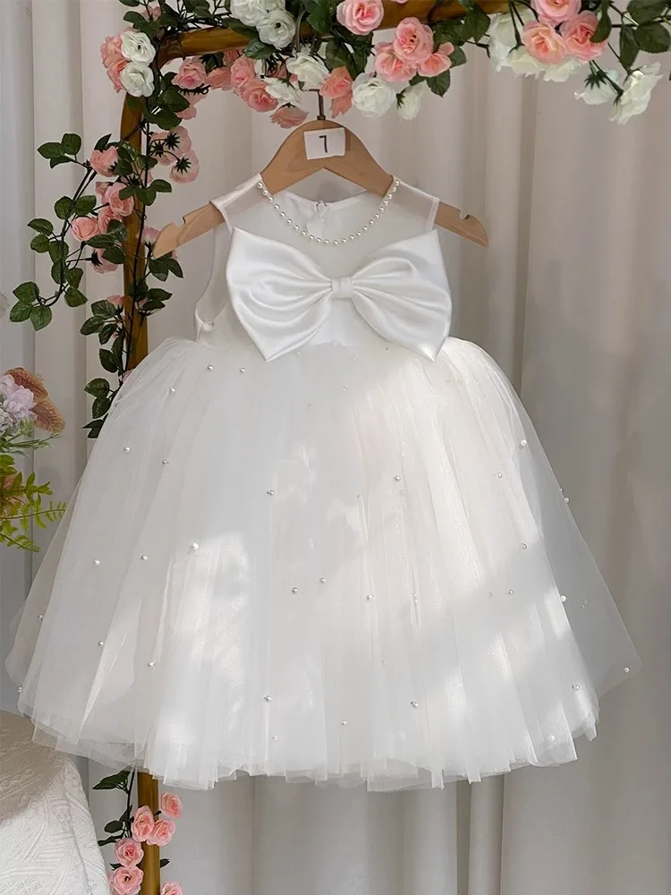 New birthday Party Dresses for Girls wedding White sleeveless Butterfly pearls Flower Girl Tutu Child baby Sequined Tulle Dress