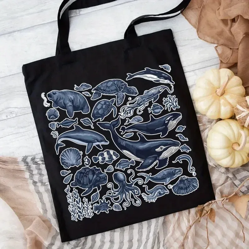 Meeresorganismen-Tragetaschen mit leuchtenden Hai-, Fisch- und Oktopus-Designs, Schultertasche für Strand, Picknick, Reisen und Einkaufen – Detail 11