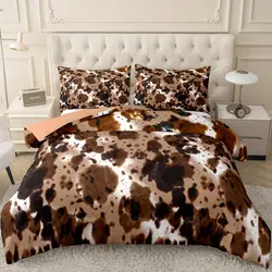 Brown Cow Print Comforter Set Queen King Size, Farmhouse Cow Print Bedding Set with 2 Matching Pillowcases Bedroom Decoration