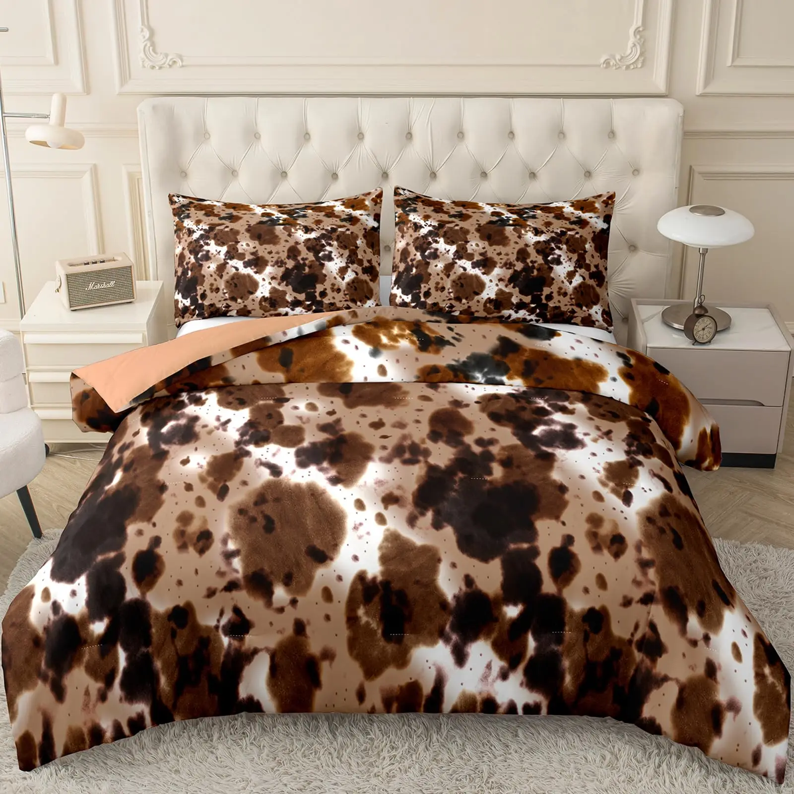 Brown Cow Print Comforter Set Queen King Size, Farmhouse Cow Print Bedding Set with 2 Matching Pillowcases Bedroom Decoration