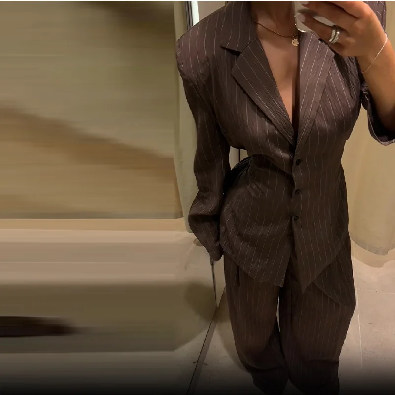 

Elegant Striped Women Suits Sexy Waist-cinching Suit Trousers Female 2 Piece Set 2025 New Fashion Autumn Casual Office Outfit