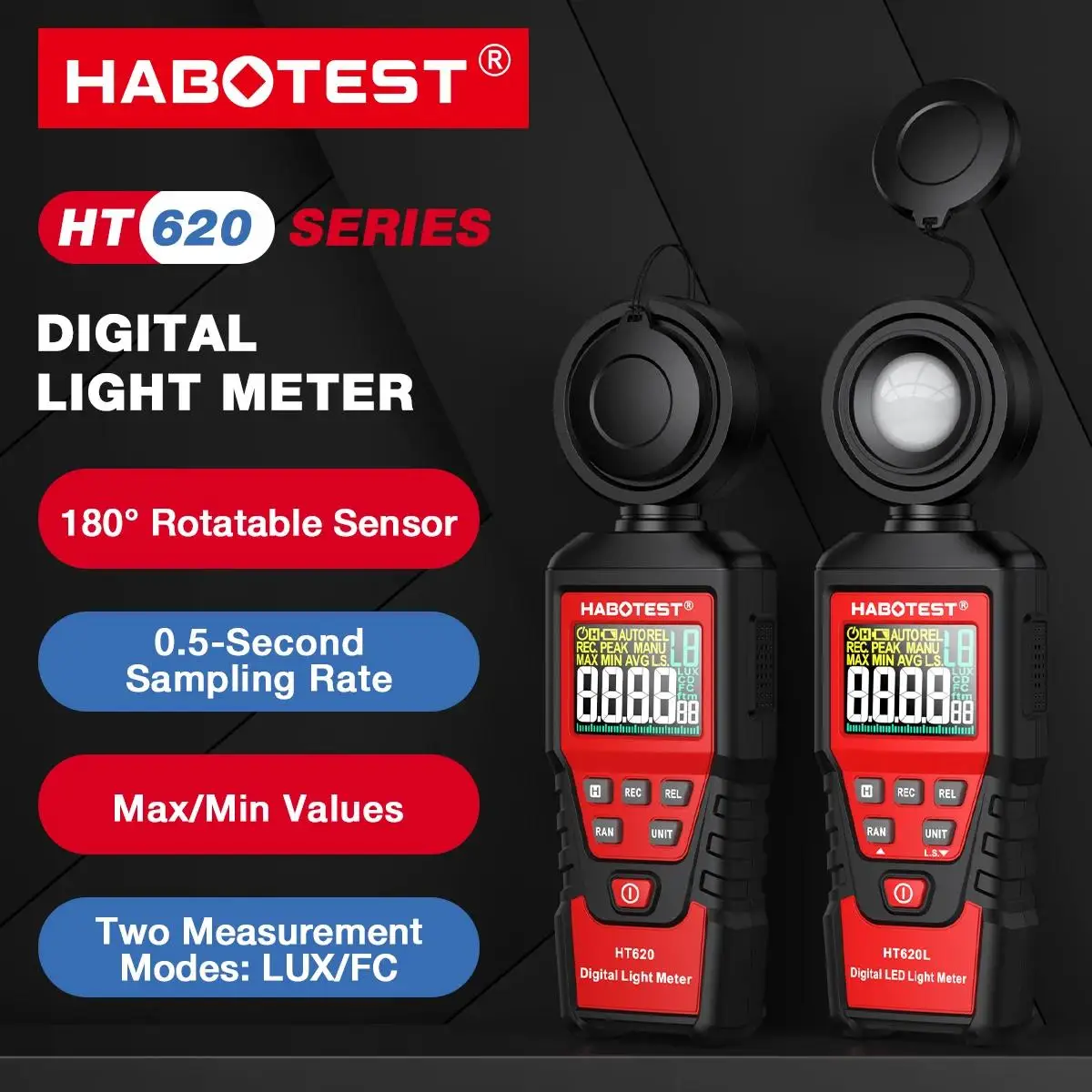 HABOTEST HT620 Light Meter Digital Illuminance Meter Handheld Ambient Temperature Measurer with Range up to 200,000 Lux Luxmeter