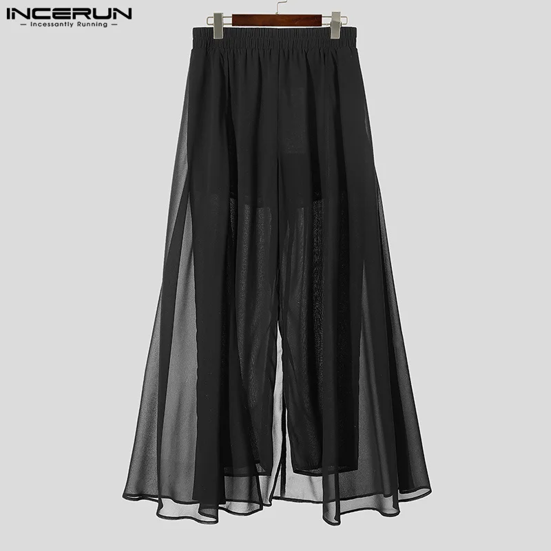 2024 INCERUN American Style See-Through Gauze Long Pants Men Casual Solid Color Fake Two Pieces Trousers Simple Gauzy Bottoms