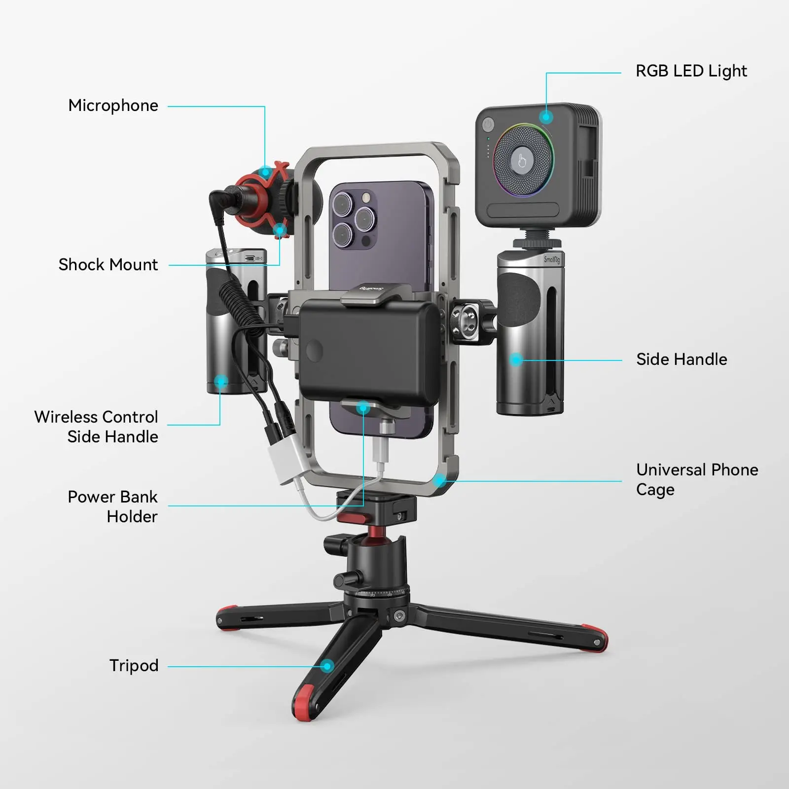 SmallRig All-in-One Video Kit Mobile Phone Video Rig Vlogging Kits w Tripod Light Mic for iPhone 14/13 Pro/Max for Huawei -3591C