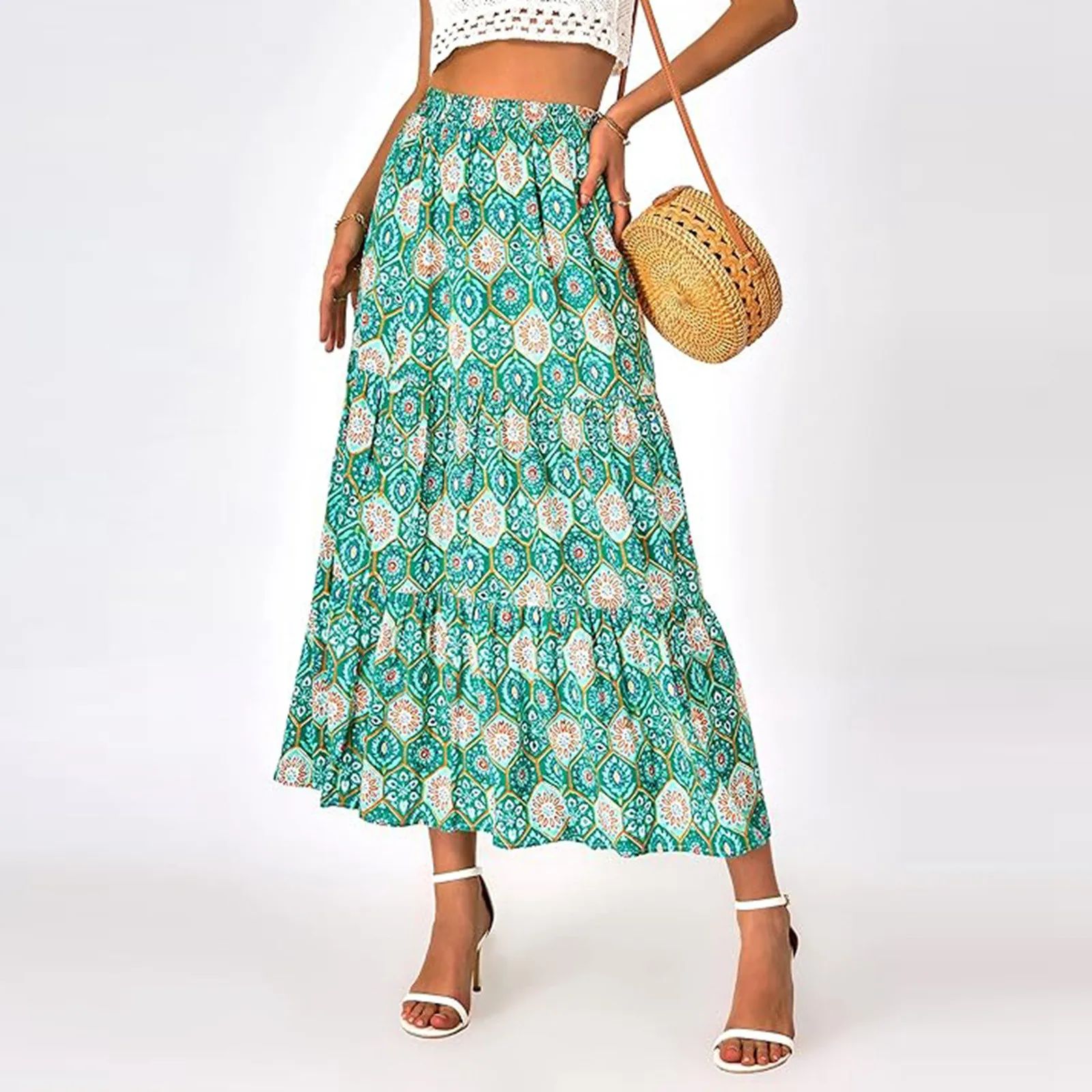 

Summer Fashion Floral Print Ruffled Half-Body Skirt Bohemian Temperament Elegant Leisure Vacation Boho Style Half-Body Skirts