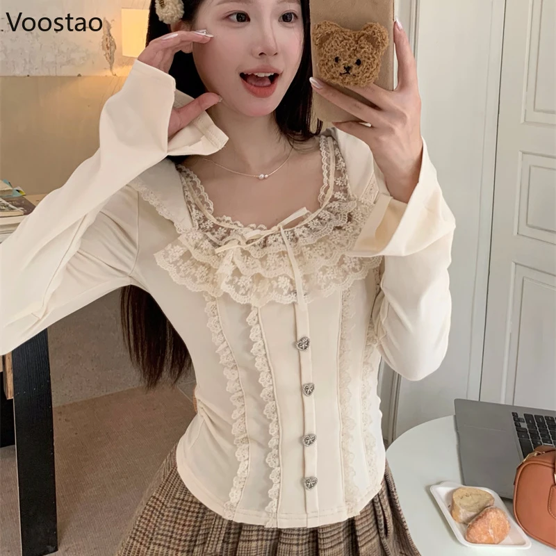 Autumn Winter Sweet Long Sleeve T-Shirts Women Elegant Lace Ruffles Patchwork Slim Blouses Female Casual Bow Lace-Up Y2k Tops