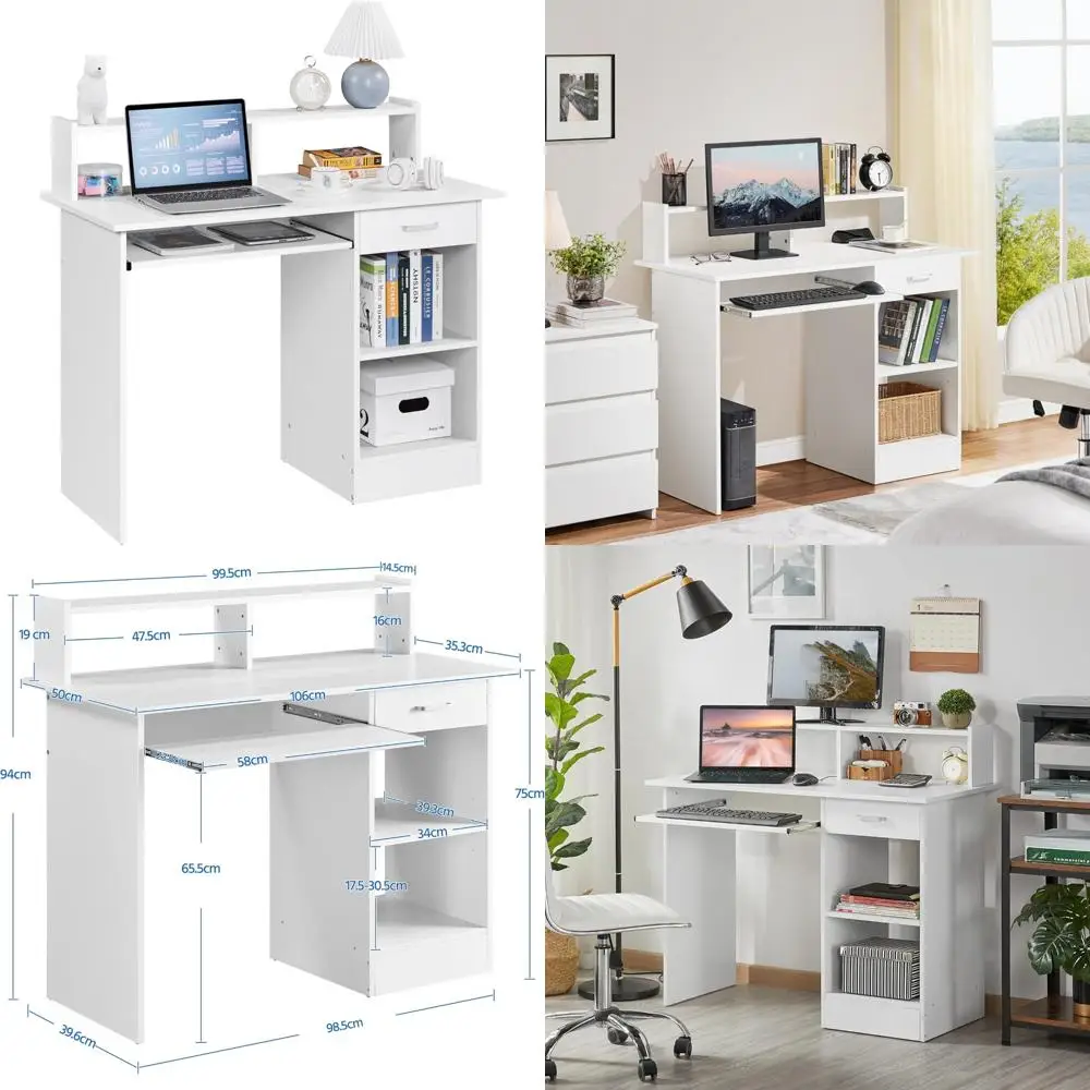 Yaheetech Escritorio de oficina blanco con cajones, escritorio para computadora para oficina en casa con soporte para monitor, escritorio para PC para empresas