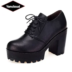 Scarpe in vera pelle di alta qualità Décolleté da donna con tacco largo 2025 Scarpe con plateau primaverili Scarpe Oxford con tacco alto da donna OL