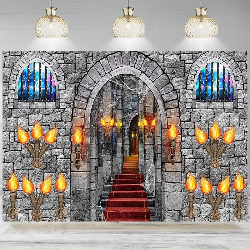 

Medieval Party Backdrop Decoration Brick Stone Banner Castle Window Stickers Torch Knight Themed Castle Photographic Backgroun