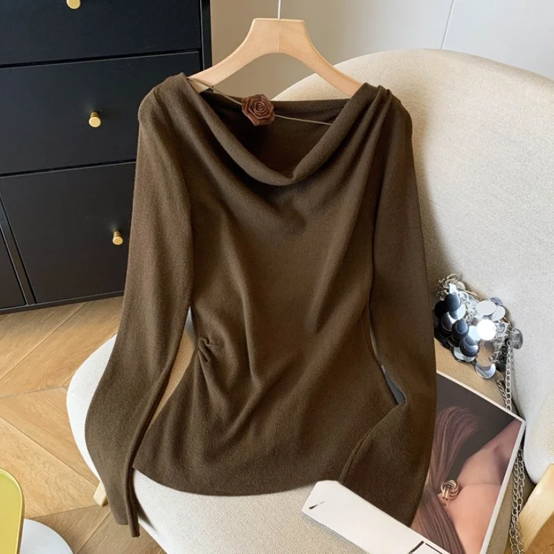 

Женская трикотажная футболка для похудения, весенняя модная сексуальная модель с эффектом утяжки талии, плиссированный топ с открытыми плечами для стильных девушек