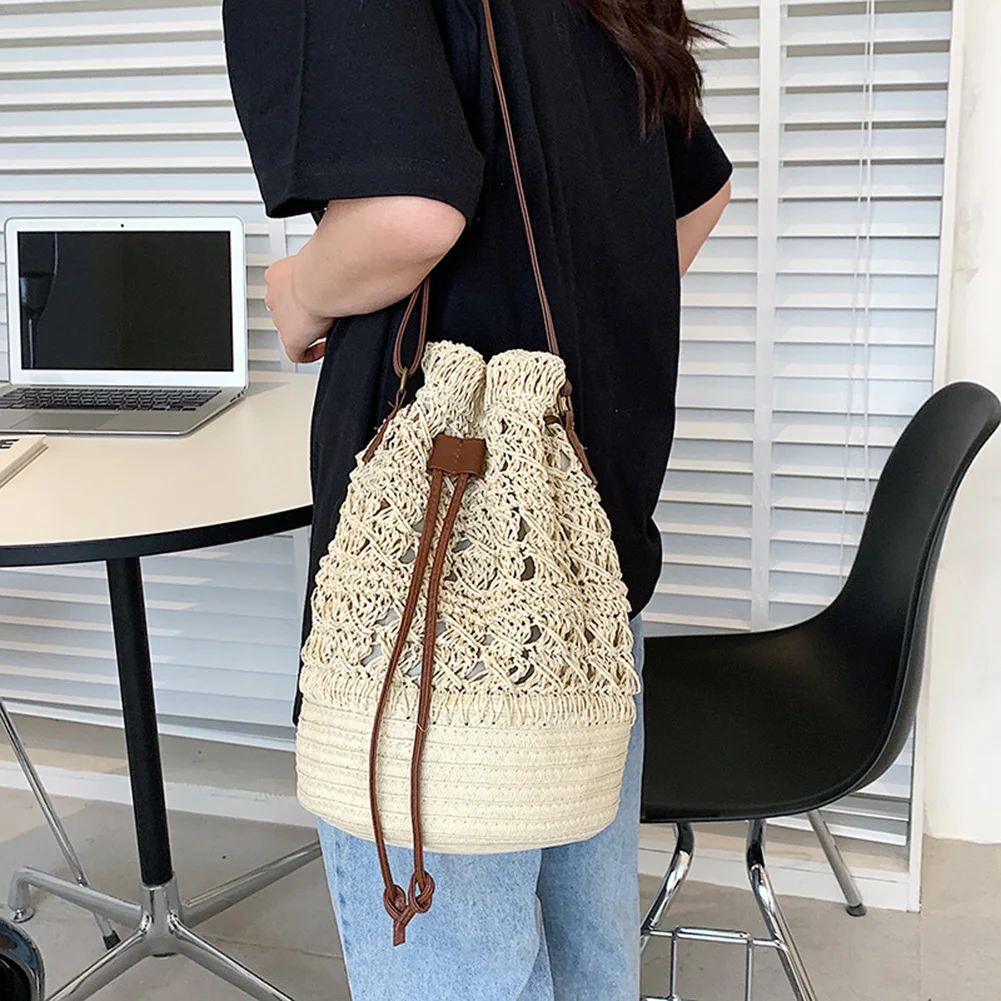 Handmade Women\'s Backpack Summer Straw Beach Bag Woven Hollow Drawstring Shoulder Bags Bohemian Knitted Fashion Female Backpacks