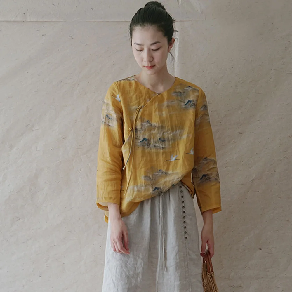 

Chinese High-Quality Ramie Printed Lining Shirt Women With 3/4 Sleeves Summer Frog Button Cinched Waist Retro Casual Short Tops