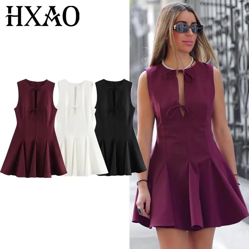 HXAO, novedad en vestidos sin mangas, vestidos cortos con lazo recortado para mujer, vestido sin mangas de verano blanco, rojo y negro, vestidos elegantes de fiesta para mujer