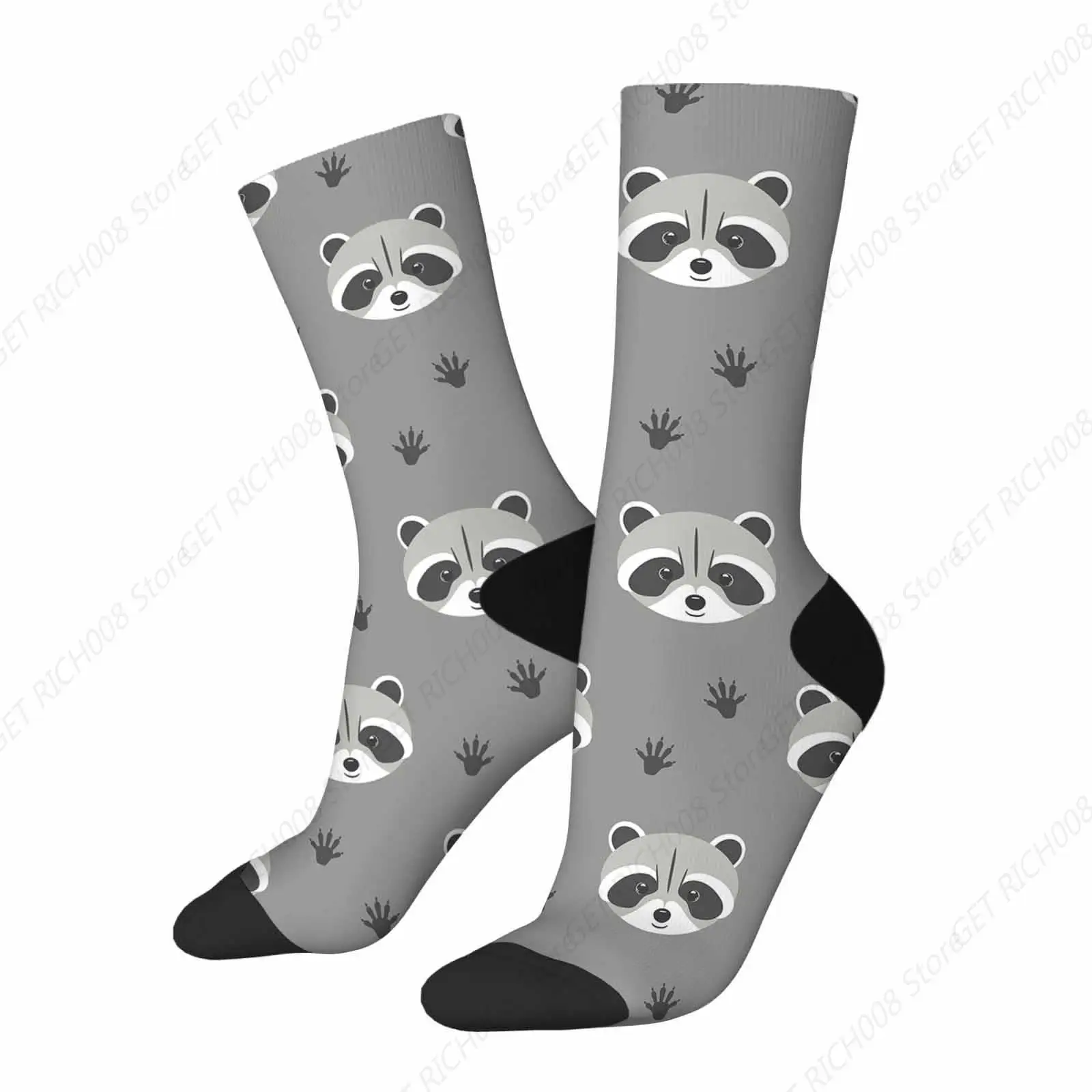 Gray Raccoon Unisex Socks Paw Print Cute Woodland Animal Funny Socks Gifts For Women Mens Novelty Crew Socks