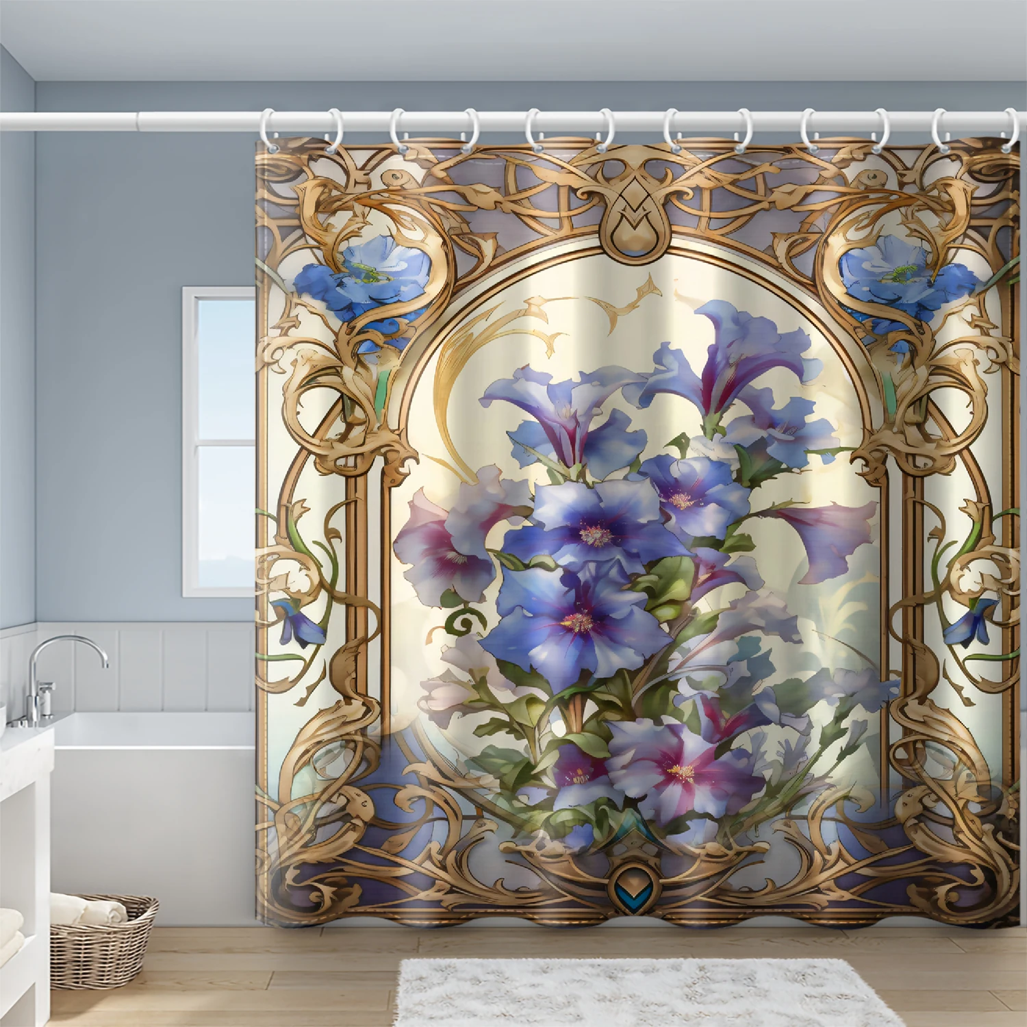4-piece set of blue purple floral printed waterproof shower curtains with 12 hooks and bathroom floor mats