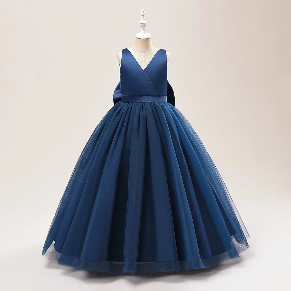 Big Bow Girls Bridesmaids Long Dress Wedding Party Pageant Princess Dresses First Communiom Birthday Ball Formal Gown 5-14 Yrs
