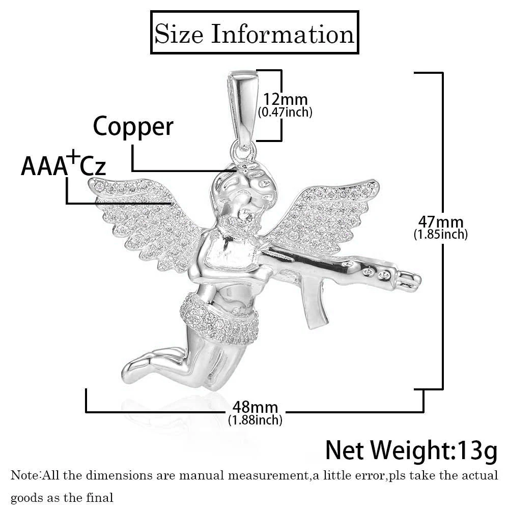 Hip Hop Rapper Punk New Trend Iced Out Angel With Gun Diamond Jewelry  Vengeance Angel Wing Pendant Choker Necklace Women Gift