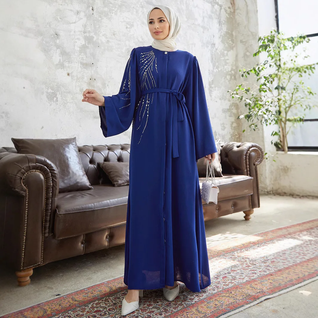 

Middle East Muslim New Fashion Women's Solid Color Diamond Studded Casual Trendy Loose Long Sleeve Elegant Ankle Length Abaya