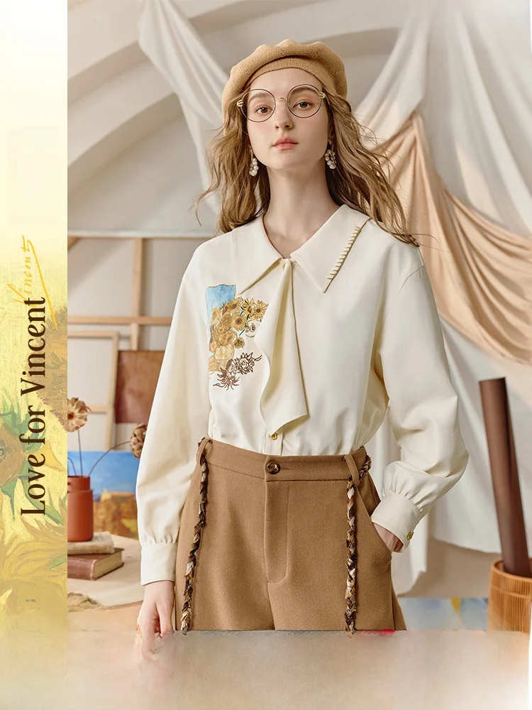 

Artistic Women's irt with Patchwork Print And Embroidery Decorative Tie Loose Fit Long Sve Breathable Polyester Fiber