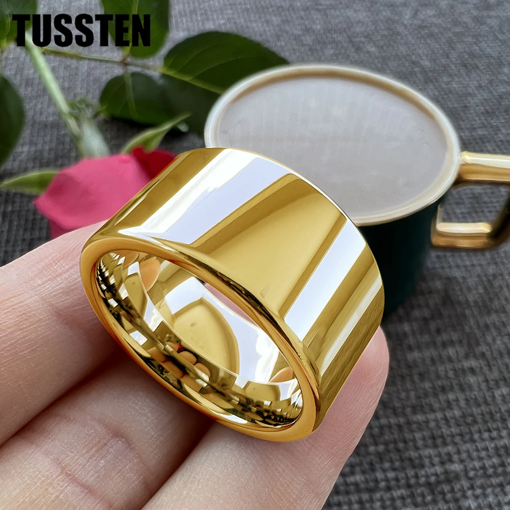 TUSSTEN-Anillo de boda brillante de tungsteno para hombre, sortija de boda grande con extremos pulidos para un ajuste cómodo, 10/12MM de ancho,