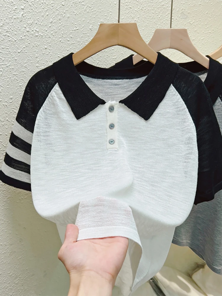 Short Sleeve T-shirt Women Knitted Tops Polo Neck Loose Patchwork Casual Tshirt Woman Black Ladies Clothing Summer Tee Shirts