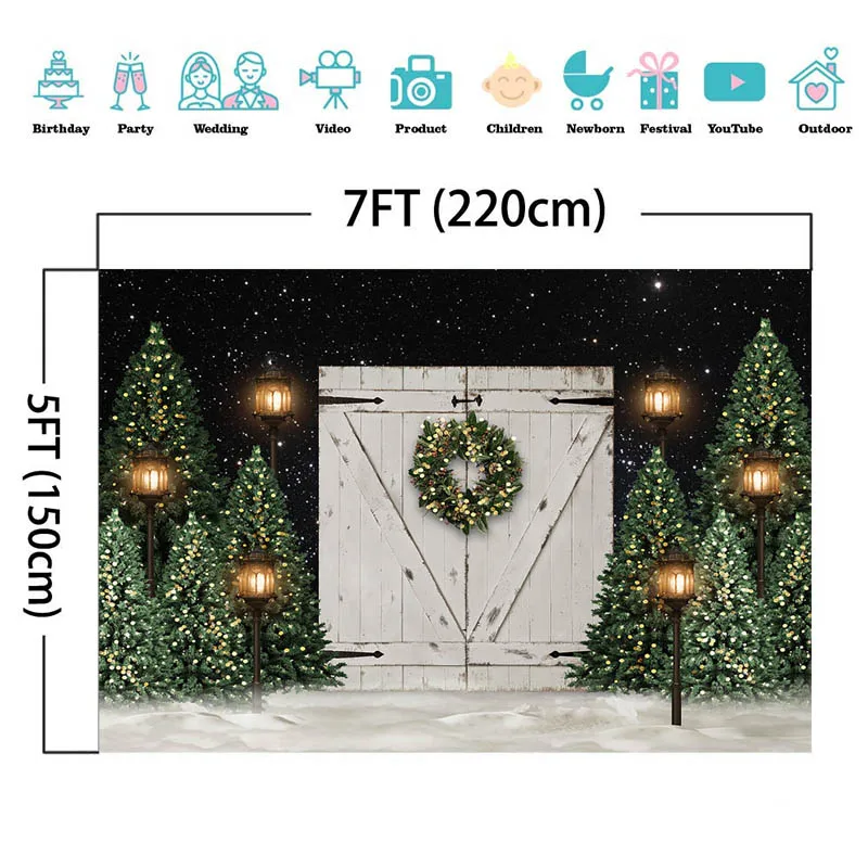 Merry Christmas Photography Backdrop Starry Night White Wooden Door Xmas Trees Winter Snow Kids Family Portrait Photo Background