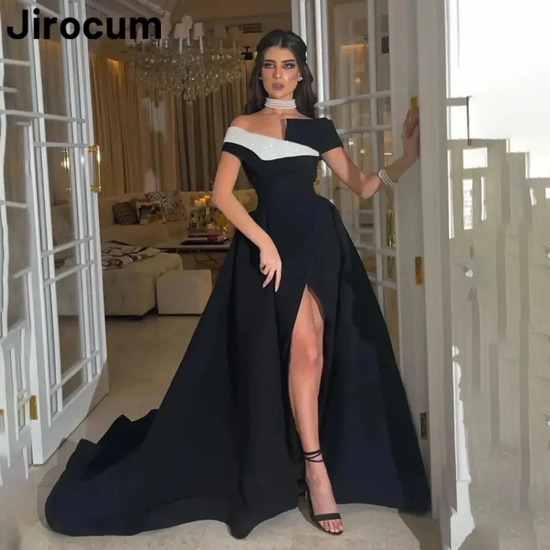 Jirocum Elegant Black Mermaid Prom Dress Women\'s Off Shoulder Sexy Slit Party Evening Gown Floor Length Special Occasion Gowns