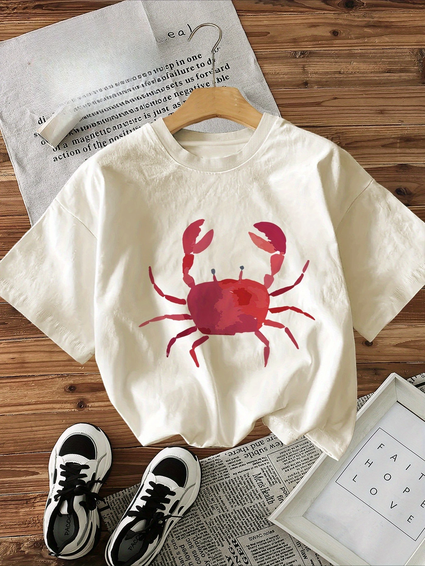 

Crab Pattern Printed T-Shirt Creative Simple Style Short-Sleeve Round-Neck Summer Woman Top Casual Soft Tshirt Clothing